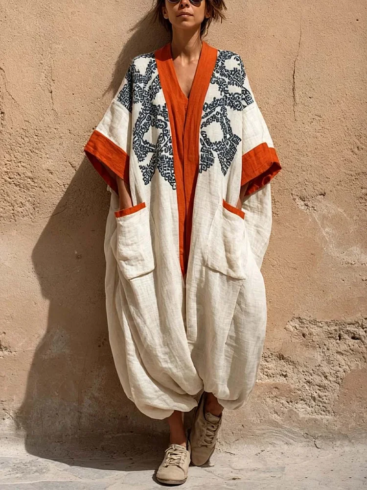 Women's Vintage Art Print V-neck Long Sleeve Cotton Linen Jumpsuit