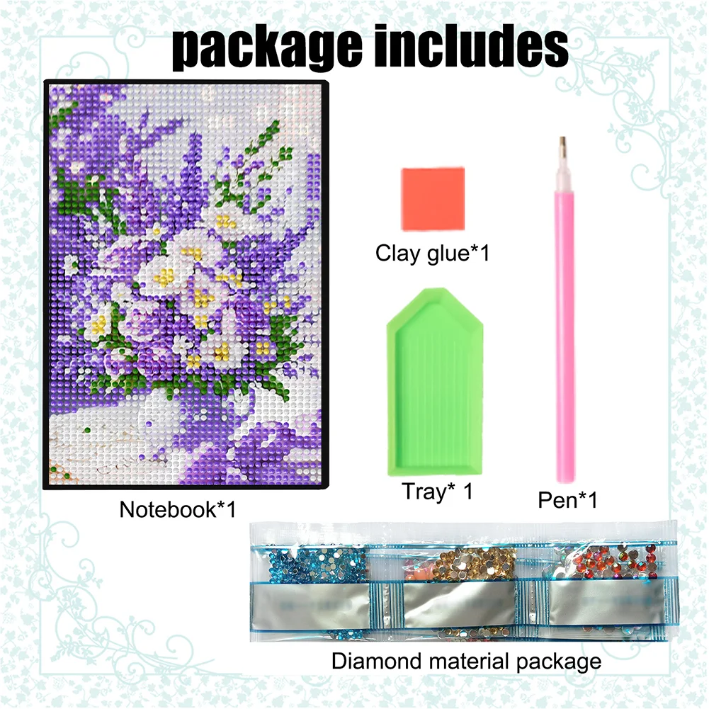 5D DIY Flower Diamond Art Painting Notebook Kit Crystal Notepad Sketchbook Gifts