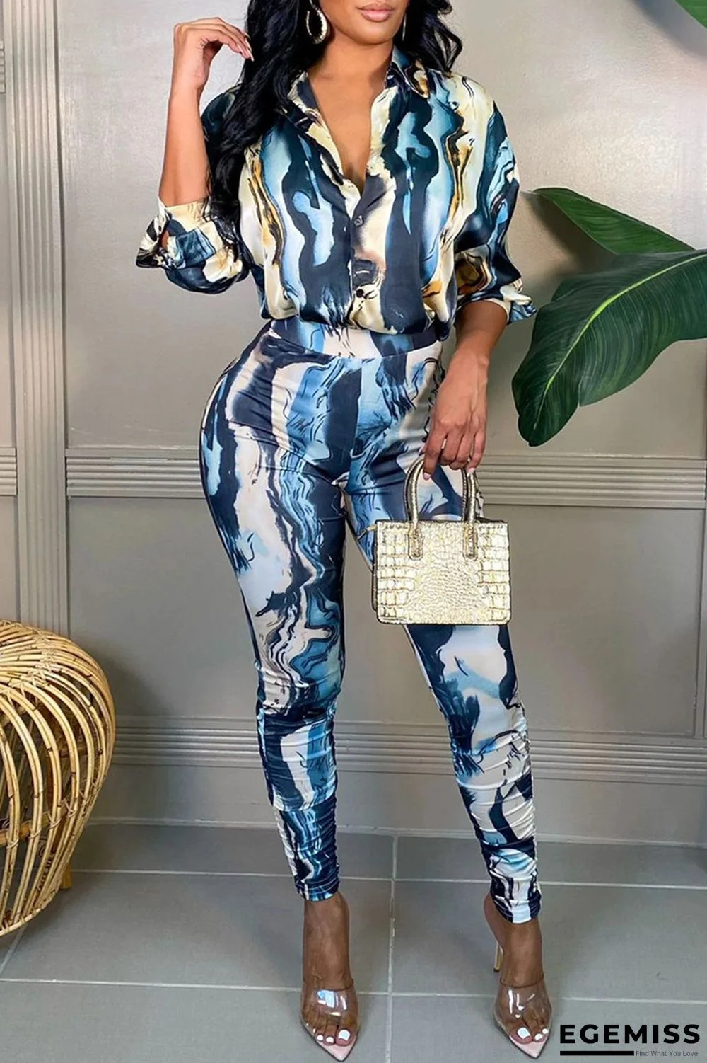 Blue Fashion Casual Print Basic Turndown Collar Long Sleeve Two Pieces | EGEMISS