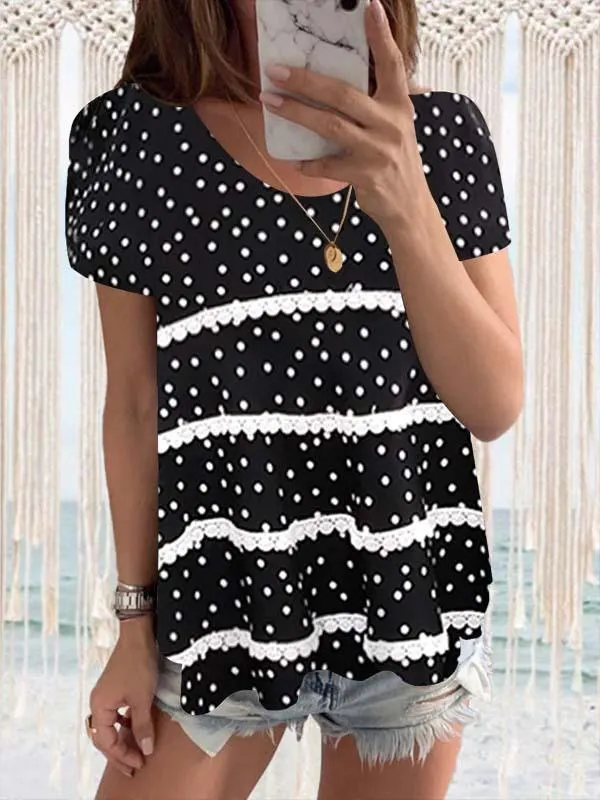 Women Short Sleeve Scoop Neck Polka Dot Printed Tops