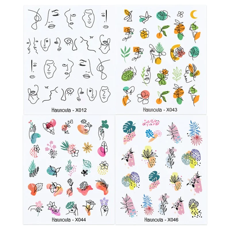 Harunouta Spring Flower Leaf Water Decals Love Heart Geometric Lines Nail Art Stickers DIY Slider Manicures Nail Art Decoration