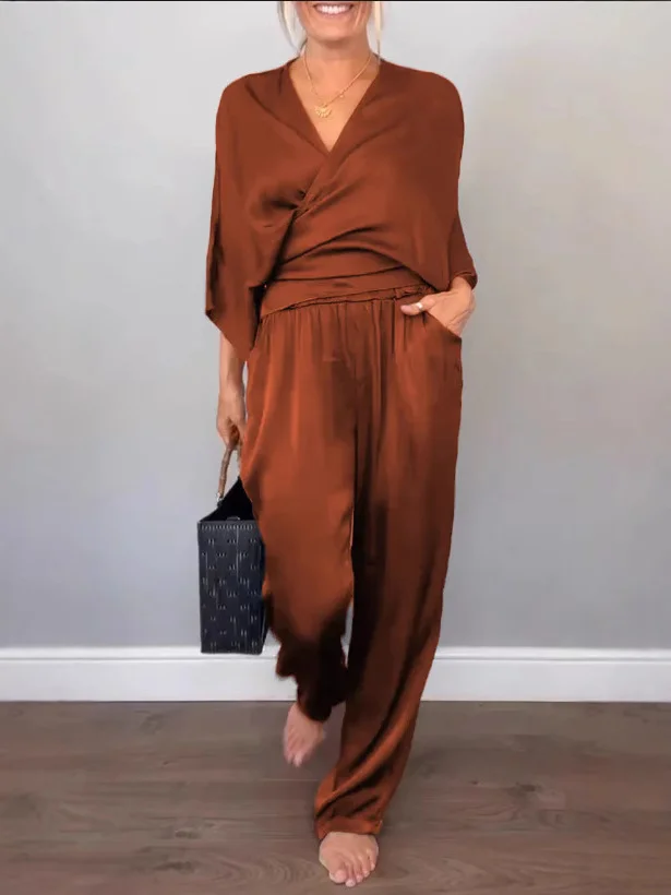 Nigikala Nigikala Women's Summer Fashion Solid Color Sleeve Short-Sleeved Blouse Trousers Set