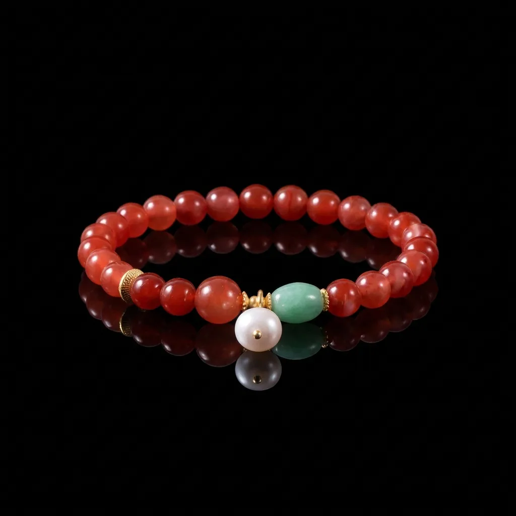 JiStones Ethereal Crimson: Natural South Red Agate Bracelet with Jadeite & Pearl Accents
