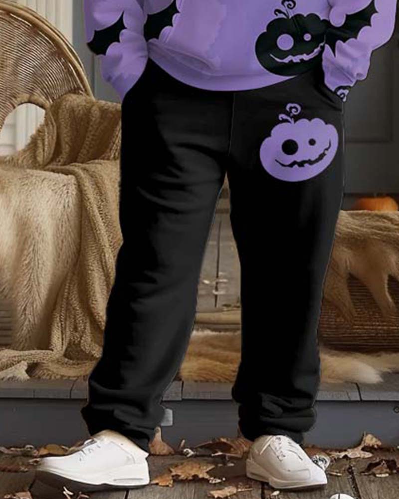 Mens Halloween Purple Pumpkin Graffiti Print Plus Size Hoodie Suit