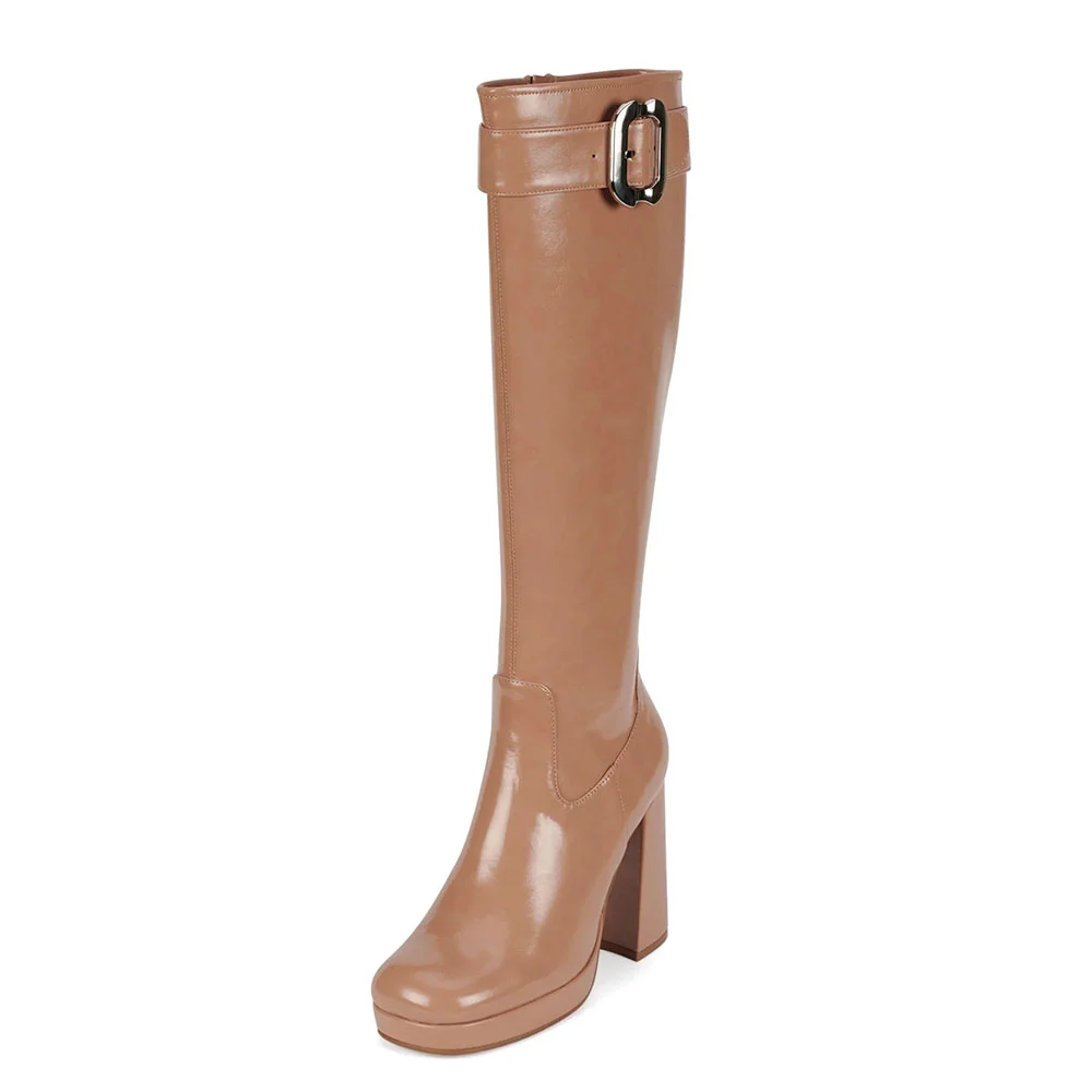 Square Toe Buckle Strap Zipper Platform Tall Boots for Women in Nude