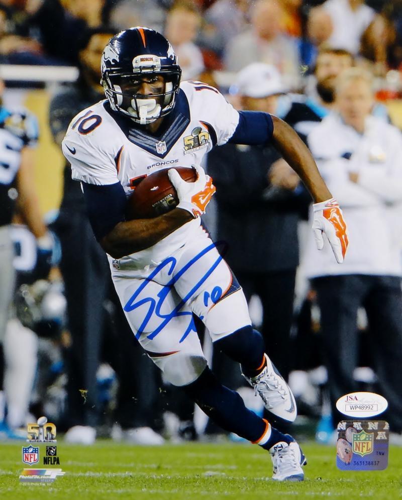 Emmanuel Sanders Autographed Broncos 8x10 Running W/ Ball P.F. Photo Poster painting- JSA W Auth