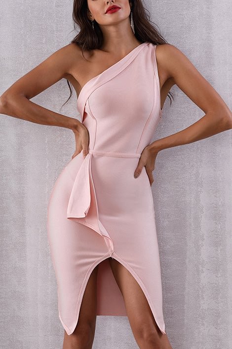 Pink One Shoulder Lace-up Sleeveless Bandage Dress - Chicaggo