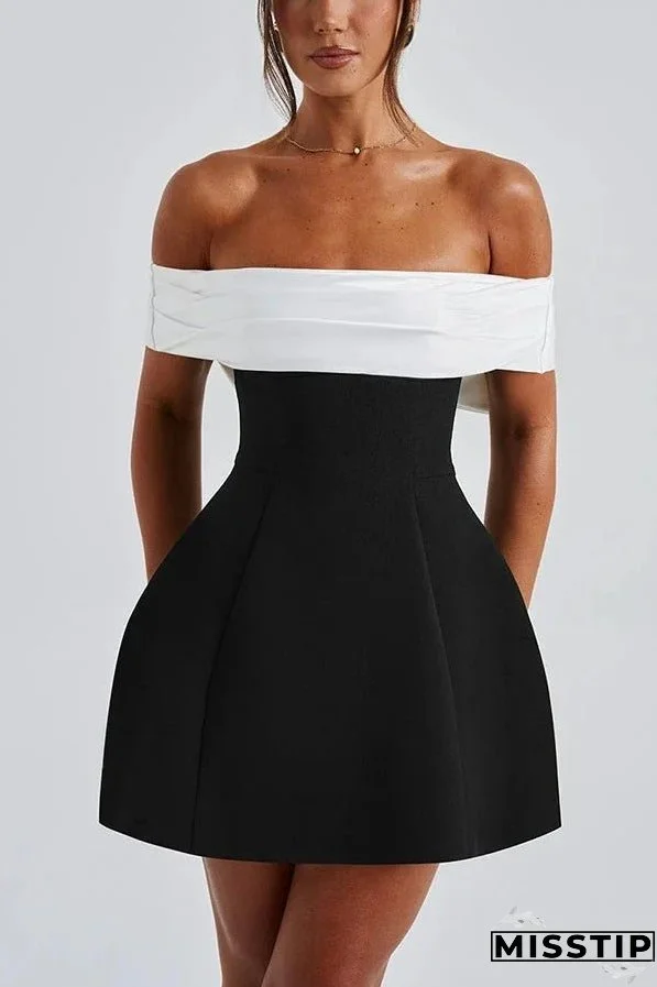Sexy Contrast Off-the-shoulder Bow-embellished Mini Dress