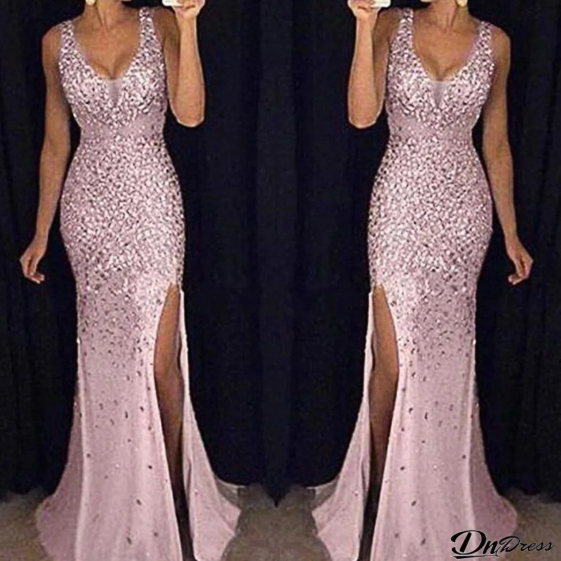 Summer Elegant Sleeveless Split Shiny Dress Long Dress Evening Dress