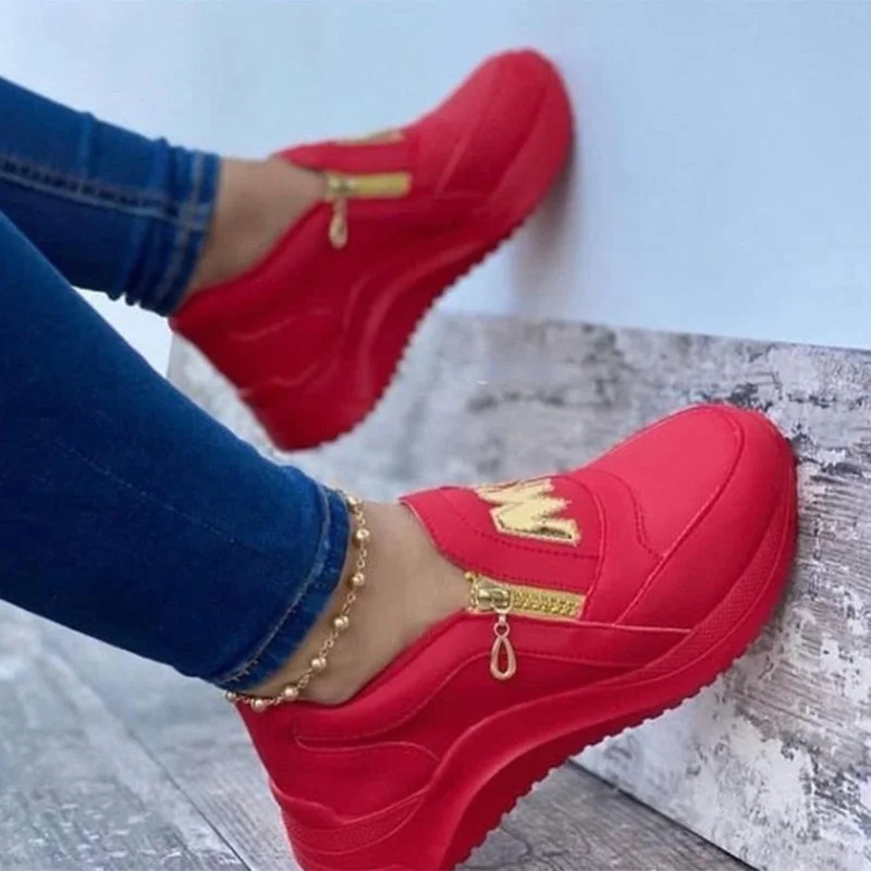Women Sport Shoes Thick Bottom Solid Ladies Vulcanized Sneakers Casual Wedges Slip On Zipper Shoes Women Platform Sneakers 2021