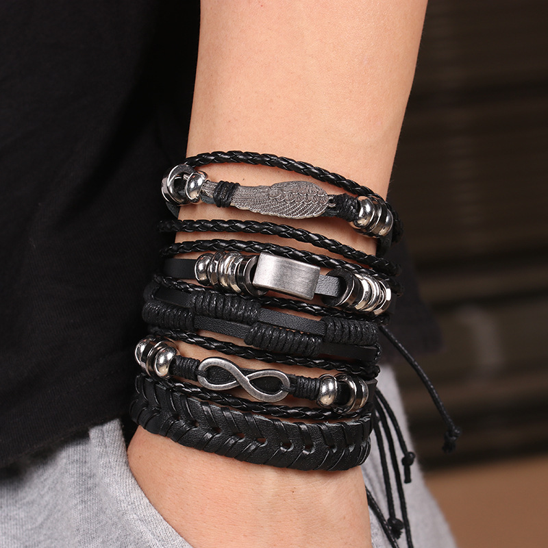 Goth Punk Wings Infinity Symbol 8 Alloy 5 Piece Leather Bracelet / TECHWEAR CLUB / Techwear