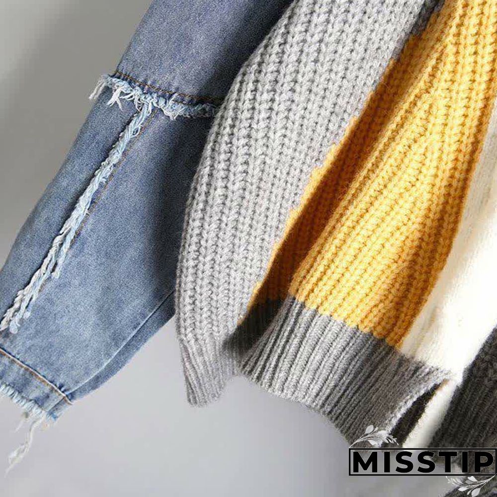 Denim Sleeve Colorblock Loose Round Collar Sweater