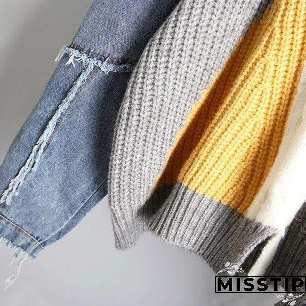 Denim Sleeve Colorblock Loose Round Collar Sweater