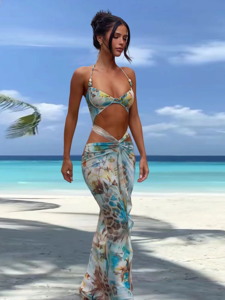 Sexy Hollow Print Halter Neck Backless Waist Hip Skirt