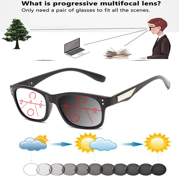 Lightweight TR90 Rectangle Men Women Photochromic Gray Progressive Multi-focal Reading Glasses +0.75 To +4
