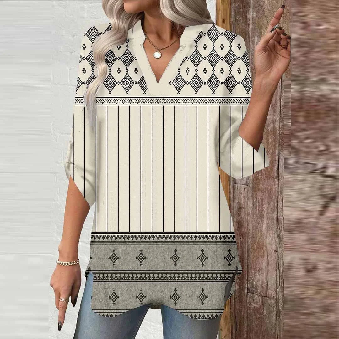 Women Bohemian,Geometric,Black DZGA0298 3/4 Sleeve V-neck Printed Graphic Button Tops