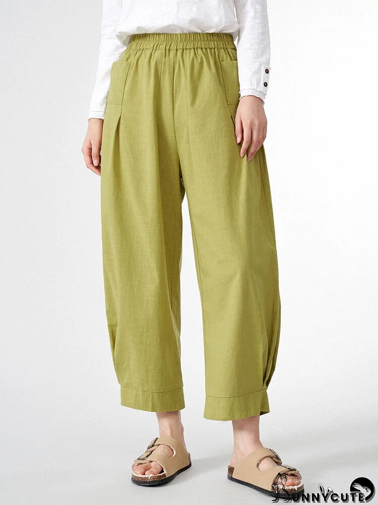 Women Solid Dual Pocket Elastic Waist Wide Leg Pants