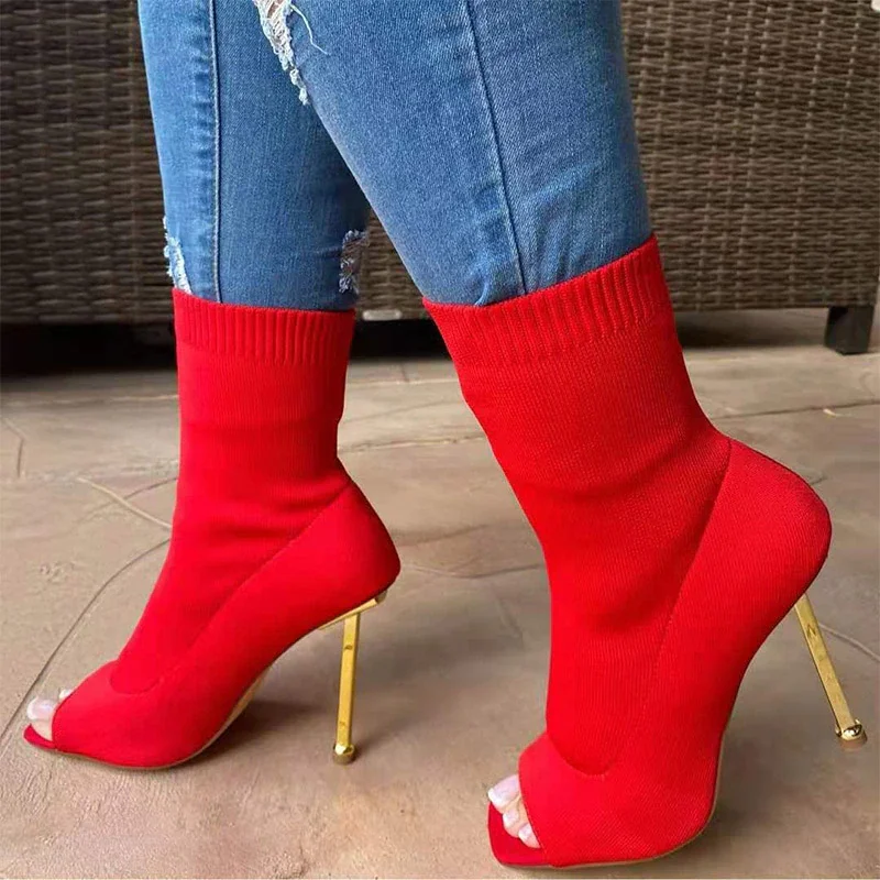 Qengg MCCKLE Women Ankle Boots Slip-on Open Toe Ladies Socks Boots Thin High Heels Female Fashion Short Boot Woman Shoes Booties 2021