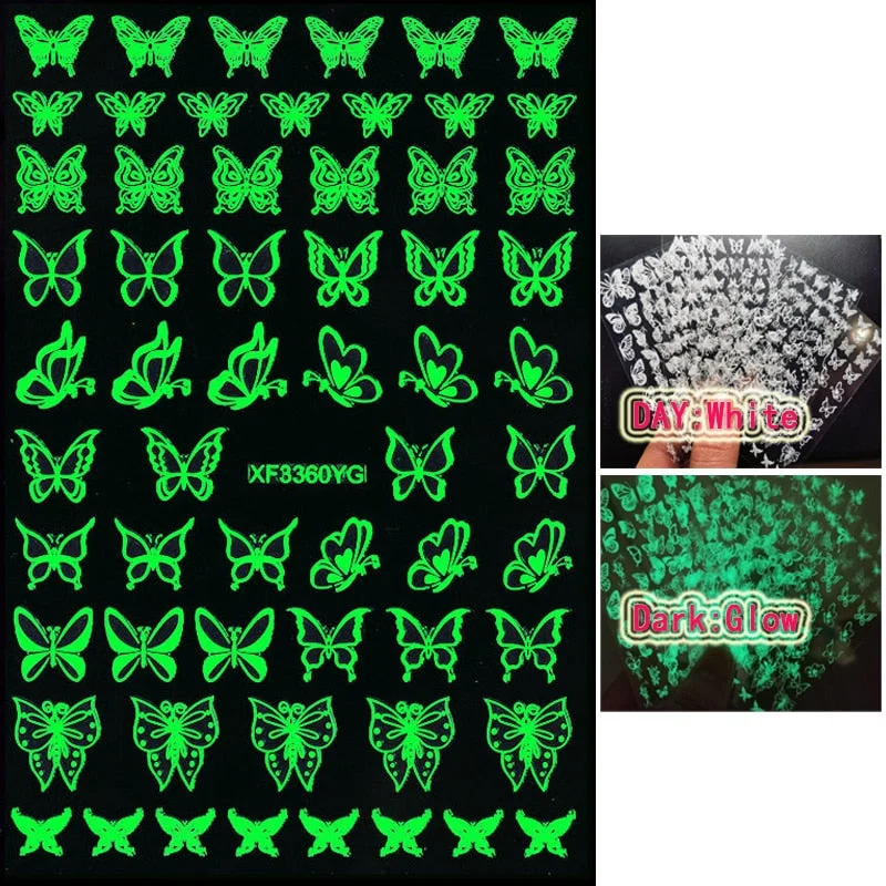 Luminous Fire Nail Art Stickers Glow In Dark Nail Decals Moon Butterfly Transfer Manicure Design Night Light Stickers-Nail Inspo