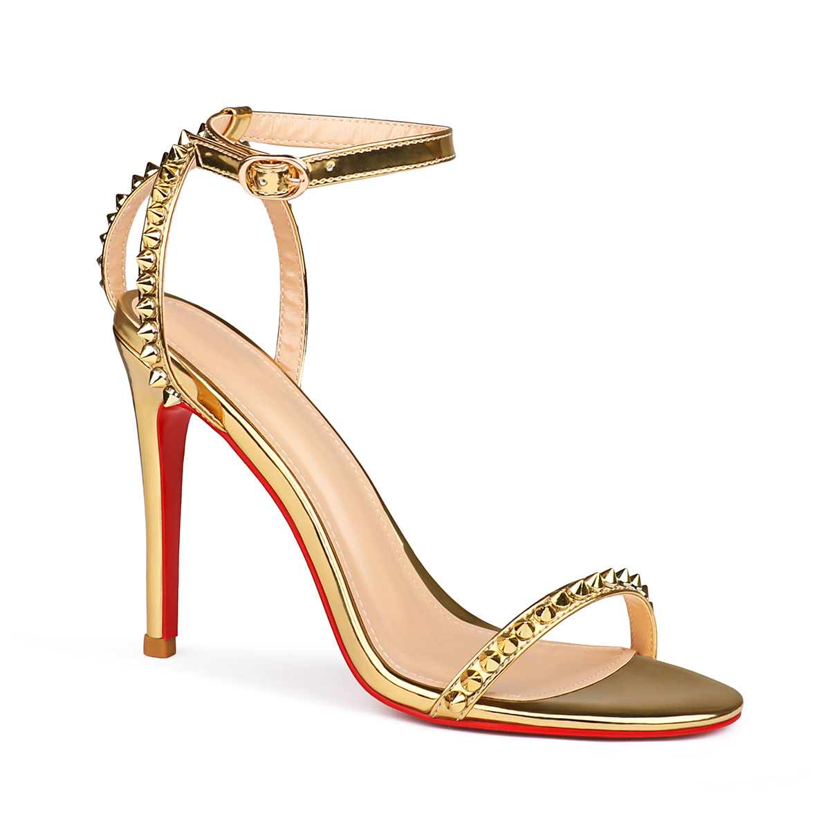 100mm Women's Sandals Stiletto Red Bottom High Heels Open Toe Ankle Strap Rivet Studs Shoes-MERUMOTE