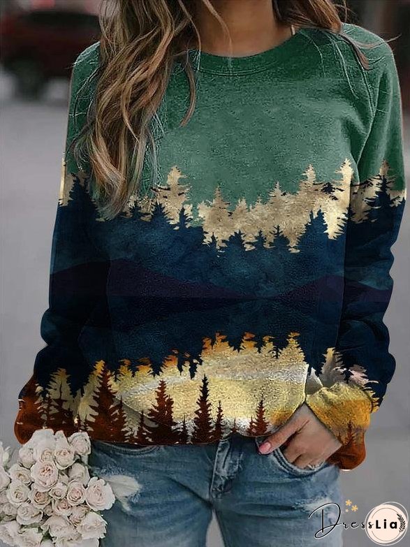 Women's T-Shirts Landscape Print Round Neck Pullover Long Sleeve T-Shirts