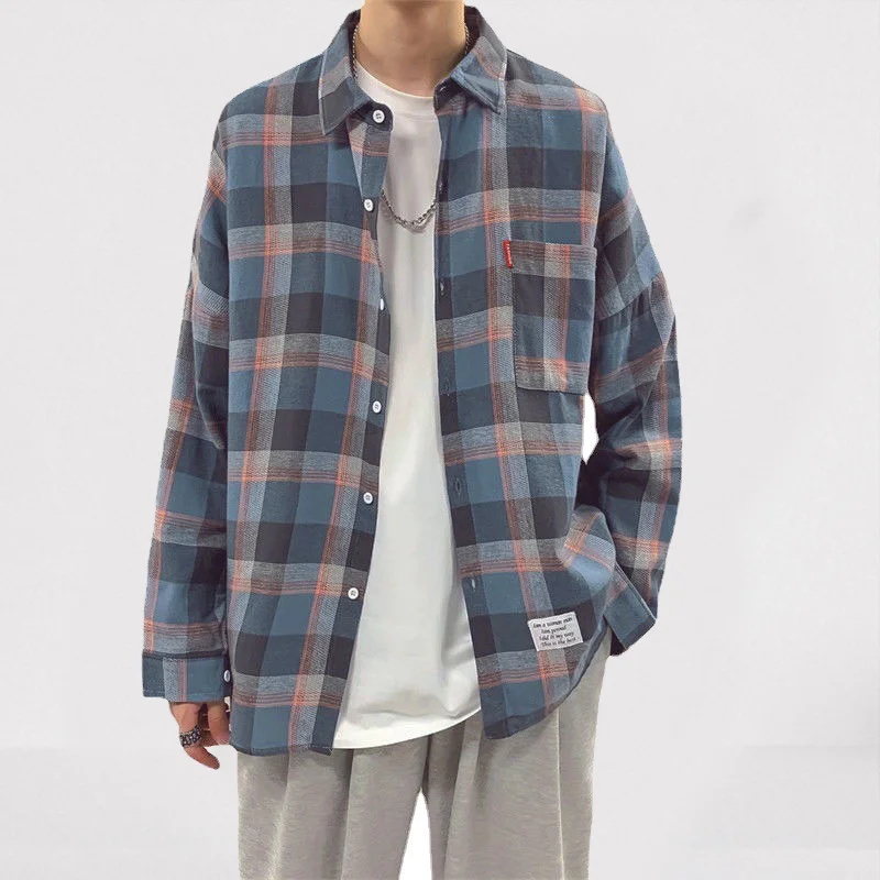 Free Shipping Spring And Summer Trend Plaid Shirt Men's Handsome Casual Jacket Loose Long-sleeved Plus Size Jacket Men Techwear Shop