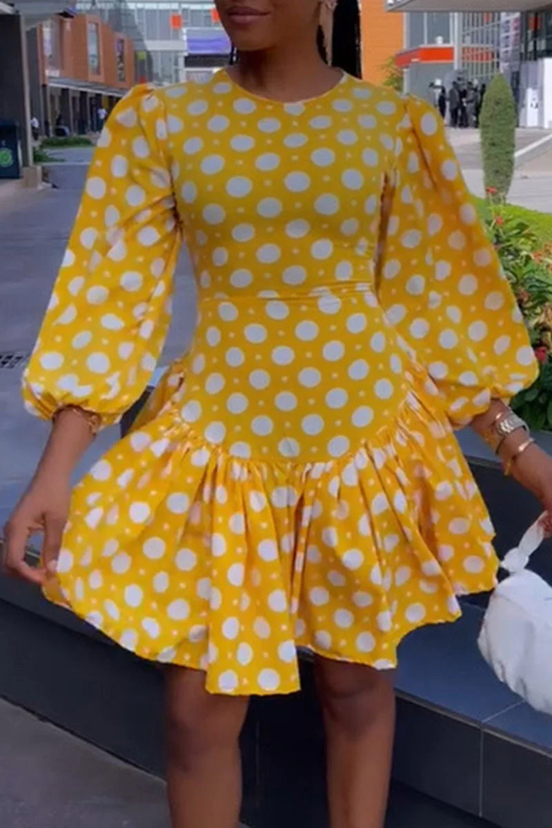 Casual Print Polka Dot Patchwork Fold O Neck A Line Dresses
