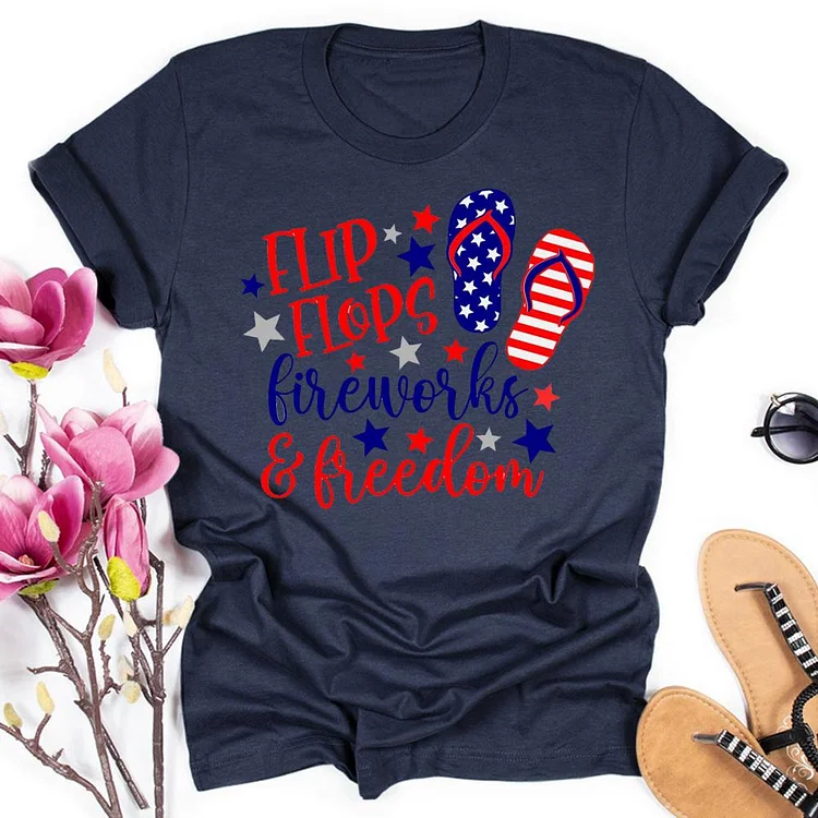 Flip flops fireworks and freedom Round Neck T-shirt-018233