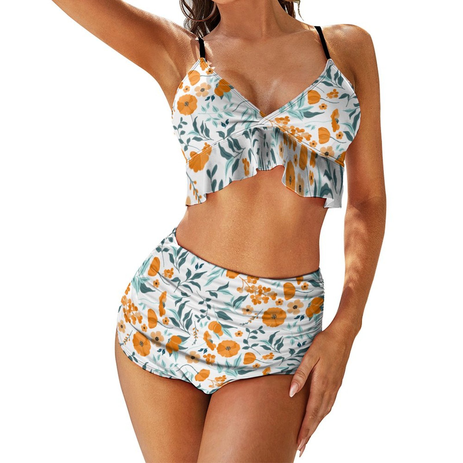 Women's Orange Blossom High Waisted Pleated Ruffle Bikini Sets