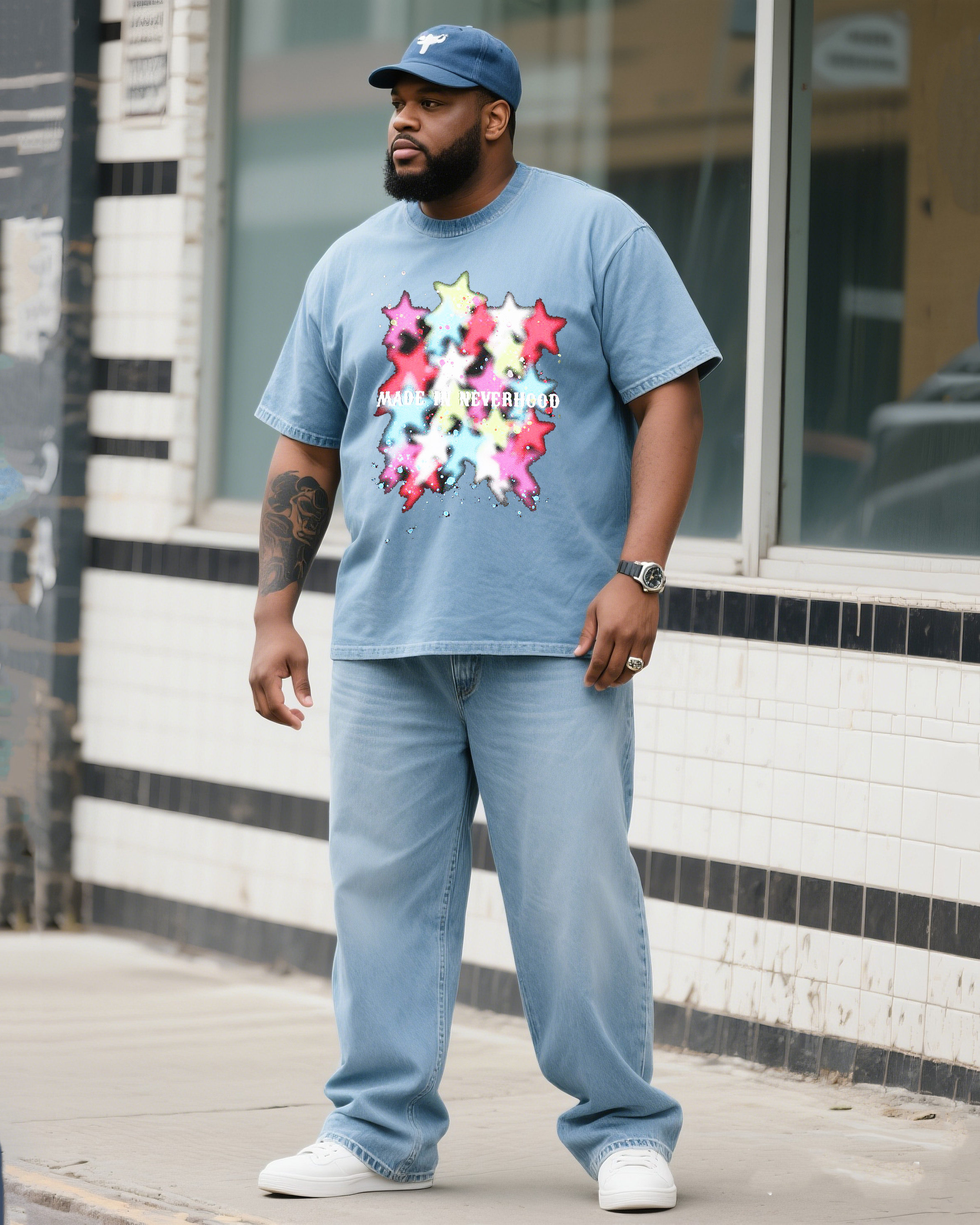 Plus Size Men's Daily Casual Color Star Denim T-shirt Pants Suit