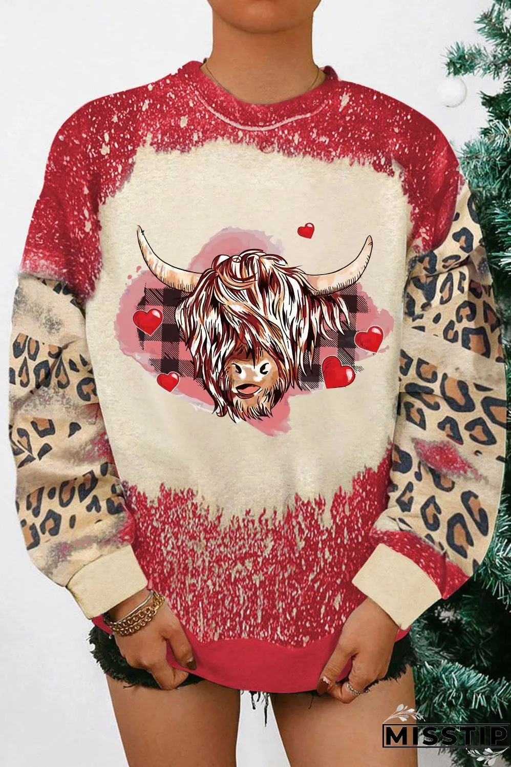 Fiery Red Valentines Heifer Graphic Print Leopard Bleached Sweatshirt