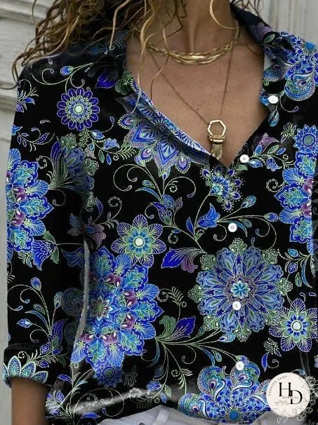 Blouses Graphic Print Button Long Sleeve Blouse for Women