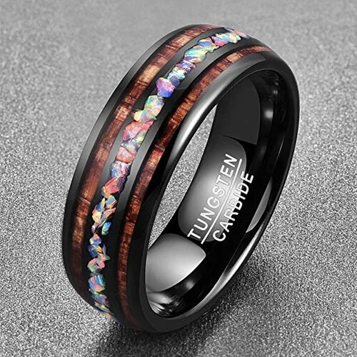 8MM Women's or Men's Tungsten Carbide Wedding Matching Rings with Black Tone Wood and Rainbow Opal Inlay