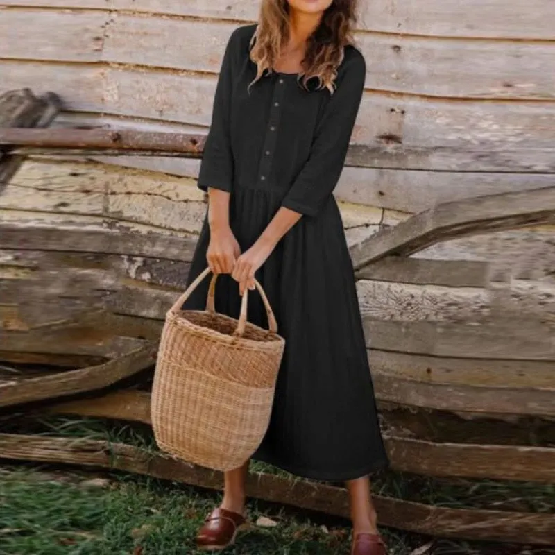 2022 Spring Summer Women Solid Cotton Linen Casual Dress Elegant Buttons O Neck Three Quarter Sleeve Ladies Sundress Beach Style