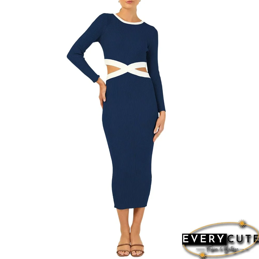 Navy Blue Ribbed Cut-out Long Sleeve Bodycon Dress