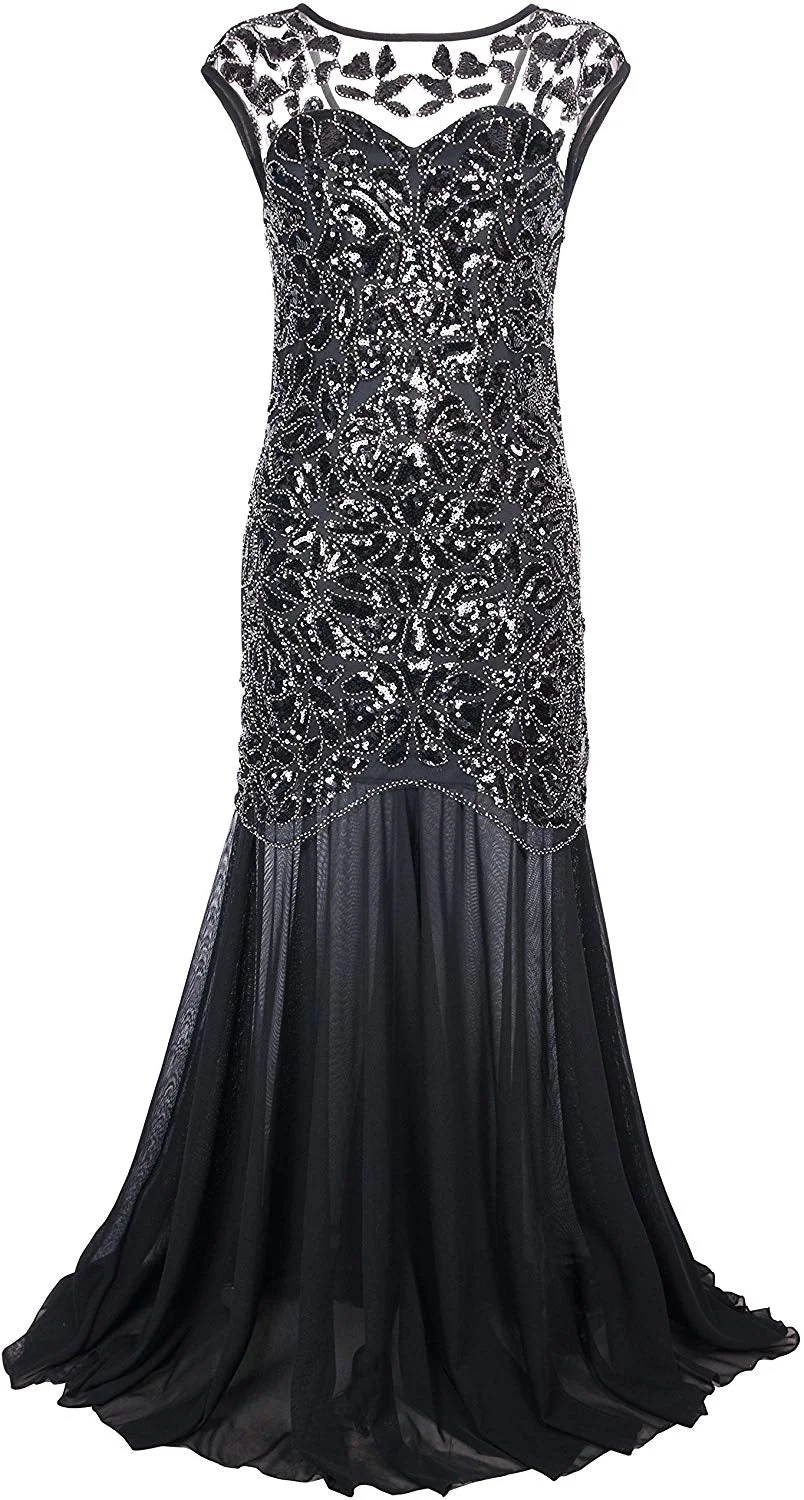 Women 's 1920s Black Sequin Gatsby Maxi Long Evening Prom Dress