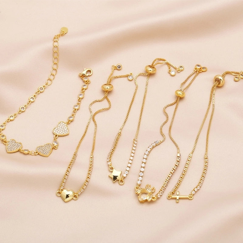 Minimalist Cross Star Heart Shape Copper Plating Inlay Zircon 18k Gold Plated Bracelets