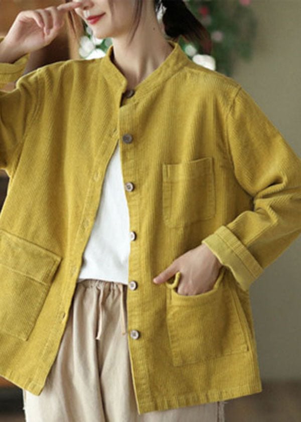 Boutique Yellow Stand Collar Pockets Solid Corduroy Coats Fall