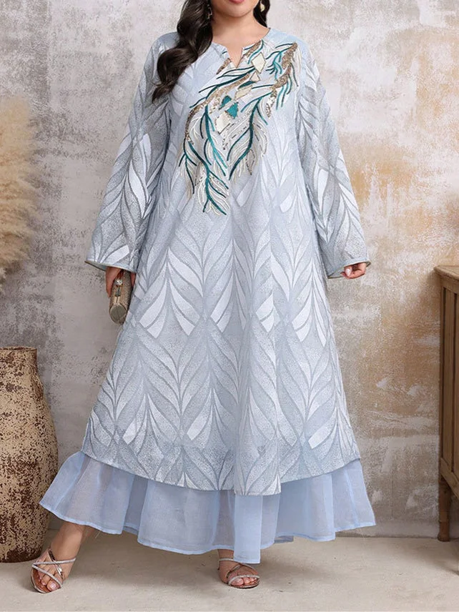 Women's Long Sleeve V-neck Embroidery Floral Printed Maxi Dress