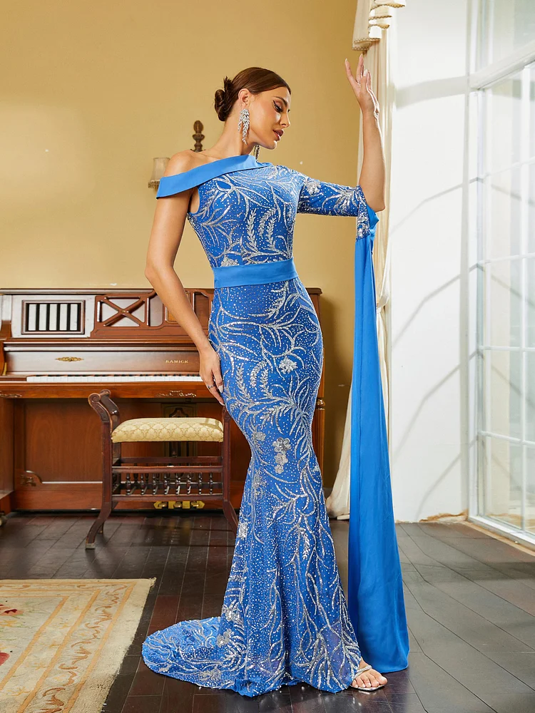Mermaid Draped Sleeve Sequin Blue Evening Dress RM20331