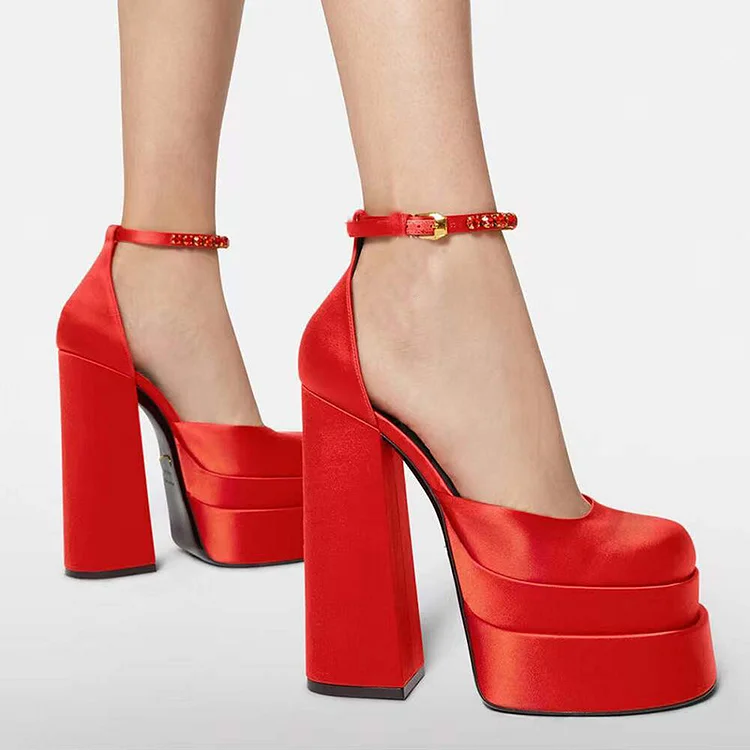 Party Thick High Heel Satin PU Sandals-Red