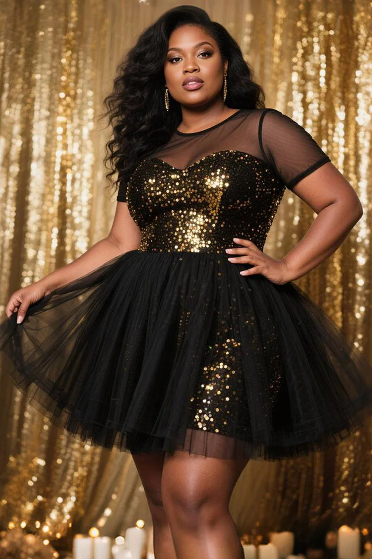 Xpluswear Design Plus Size Party Tulle Black Round Neck Short Sleeve See Through Vintage Sequin Mini Dresses [Pre-Order]