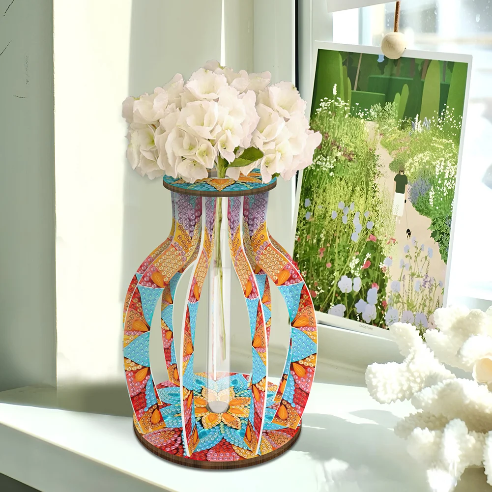 DIY Wood Mandala Diamond Painting Flower Vase Ornaments for Home Office Decor