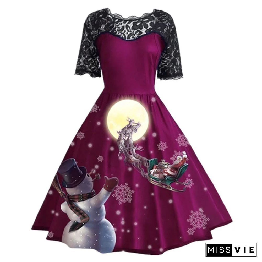 7 Colors Women Fashion Pumpkin Snowflake Print Dress Short Sleeve Lace Dress Christmas Halloween Costume Knee Length Party Dresses