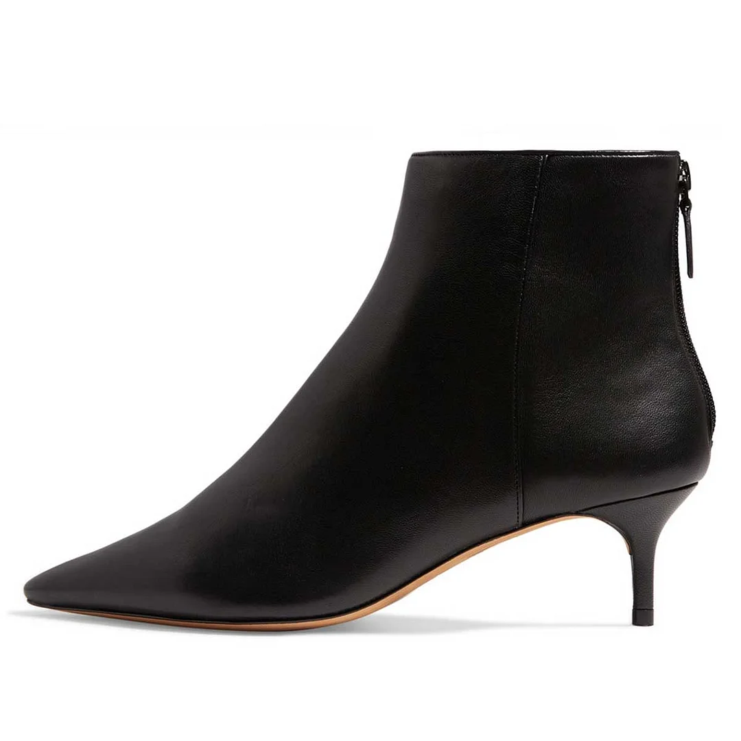 Black Vegan Leather Pointed Toe Back-Zip Ankle Boots with Kitten Heel