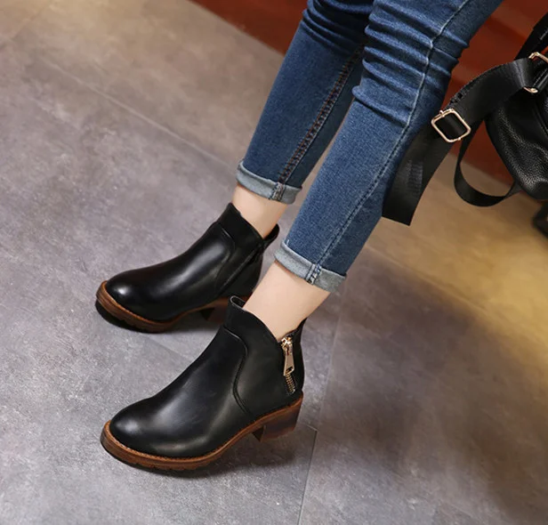 Black Short Boots Round Toe Low Heel Vintage Ankle Boots |FSJ Shoes