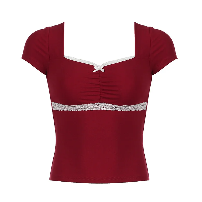 Ueong Sweet And Spicy Wind, Bow Tie, Lace, Lace, Short-Sleeved T-Shirt, Summer Square Collar, Slim Blouse