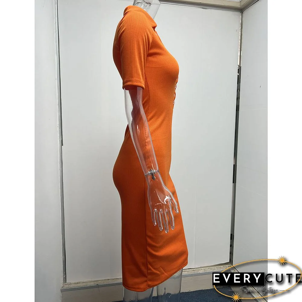 Orange Solid Buttons Lapel Collar Midi Dress