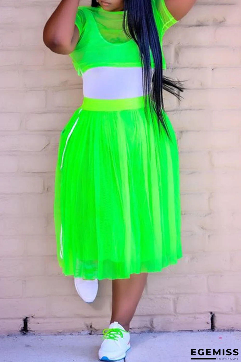Fluorescent Green Sexy Casual Solid See-through O Neck Short Sleeve Three-piece Set | EGEMISS