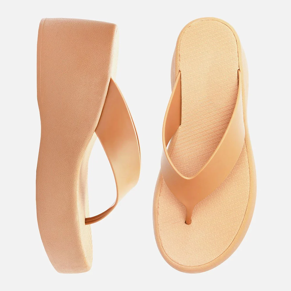 Light Orange Open Toe Flip Flop Platform Wedge Sandals for Women
